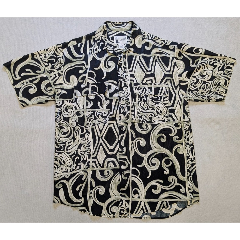 Vintage Goouch Shirt Mens Medium Black Silk Abstract Geometric Button 80s